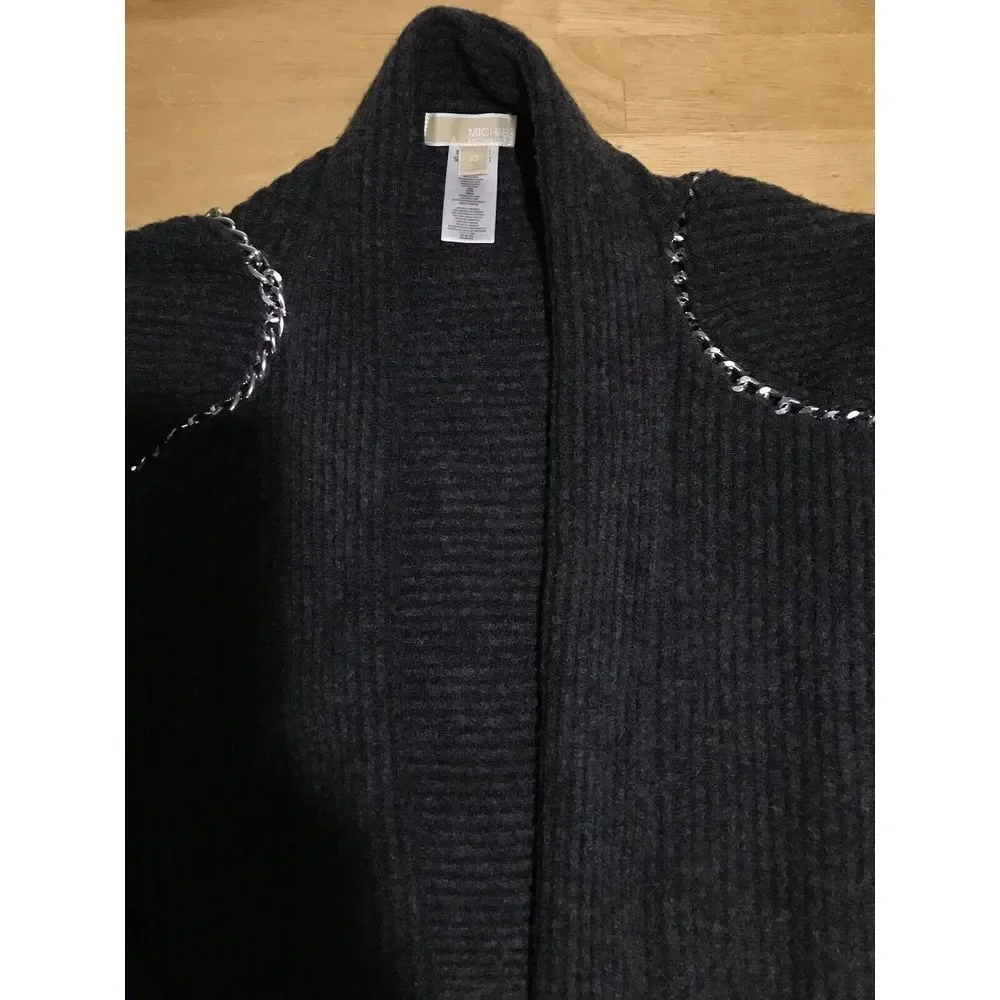 Michael Kors Gray Sweater Cardigan 100% Lamb‎ Wool Silver Chain Long Sleeve XS
